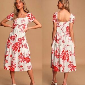 NEW LULUS On Island Time Red and White Floral Print Tiered Midi Dress XL
